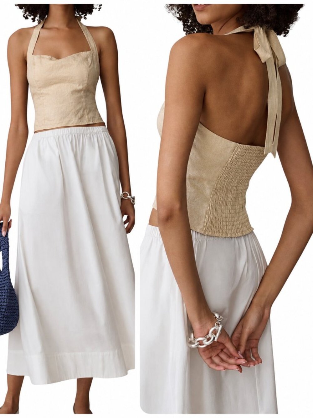 Kourt Pale Yellow Linen Halter Top Smocked Back Size 4